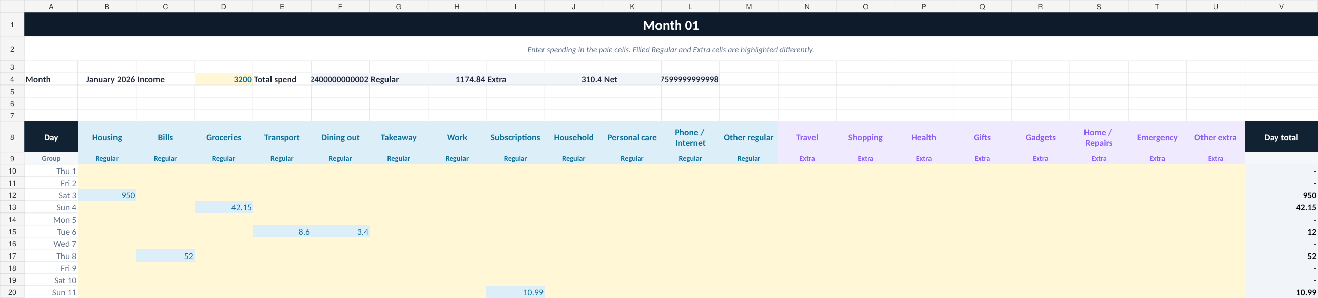 Free Drachma budgeting spreadsheet monthly grid